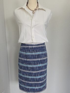 Tory Burch Navy and Aqua Striped Tweed Classic Prep Pencil Skirt Preppy Sz 6